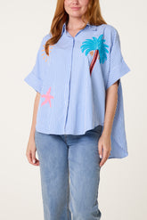 Beach Theme Embroidery Front and Back Striped Shirt