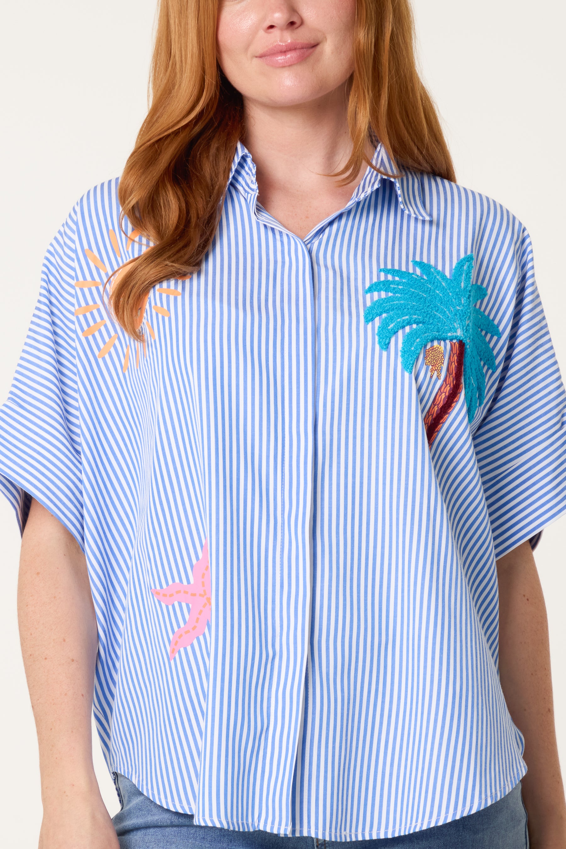 Beach Theme Embroidery Front and Back Striped Shirt