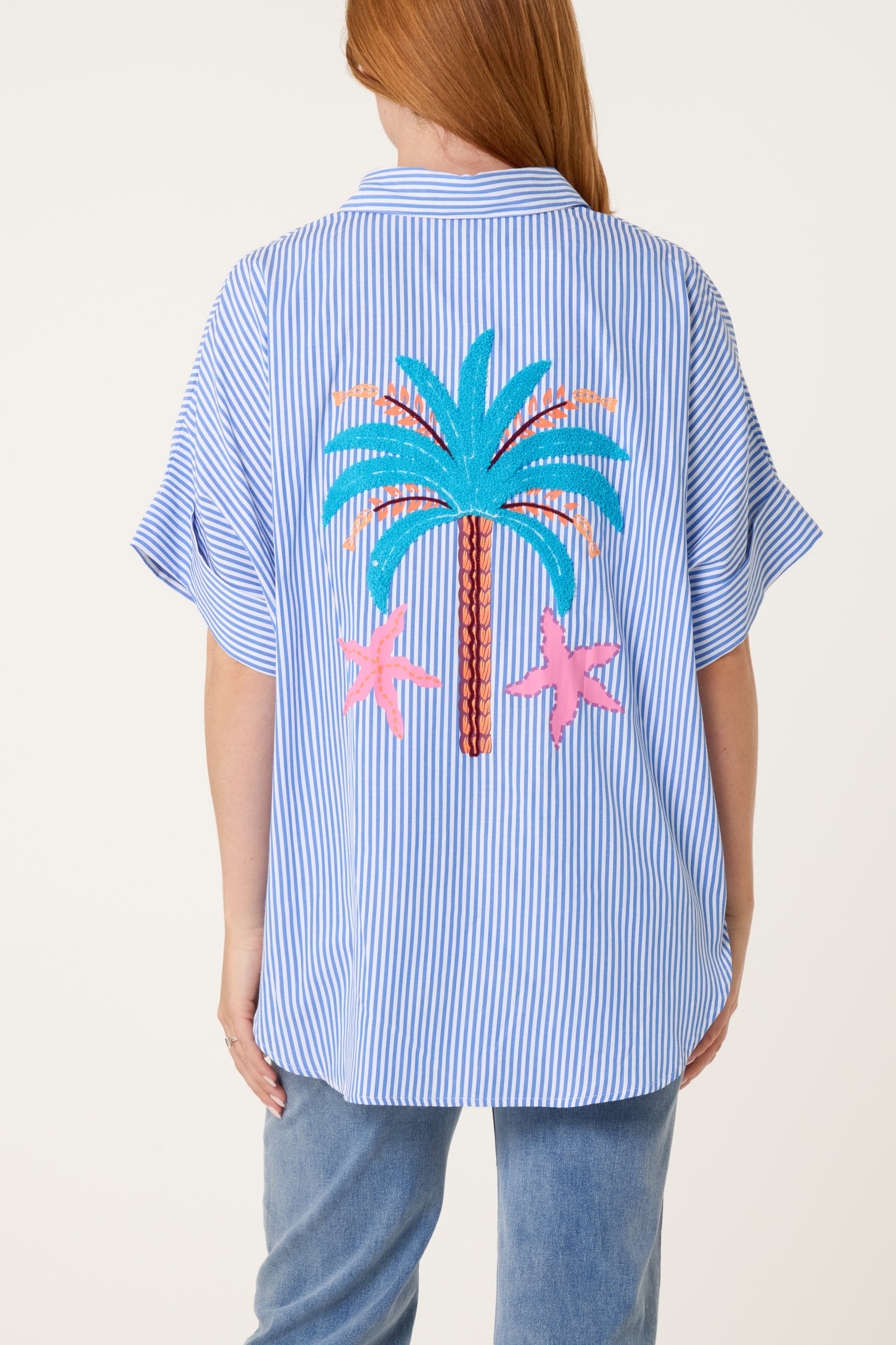 Beach Theme Embroidery Front and Back Striped Shirt