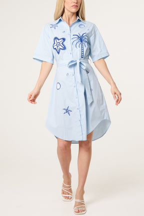 Ocean Embroidery Tie Front Shirt Dress