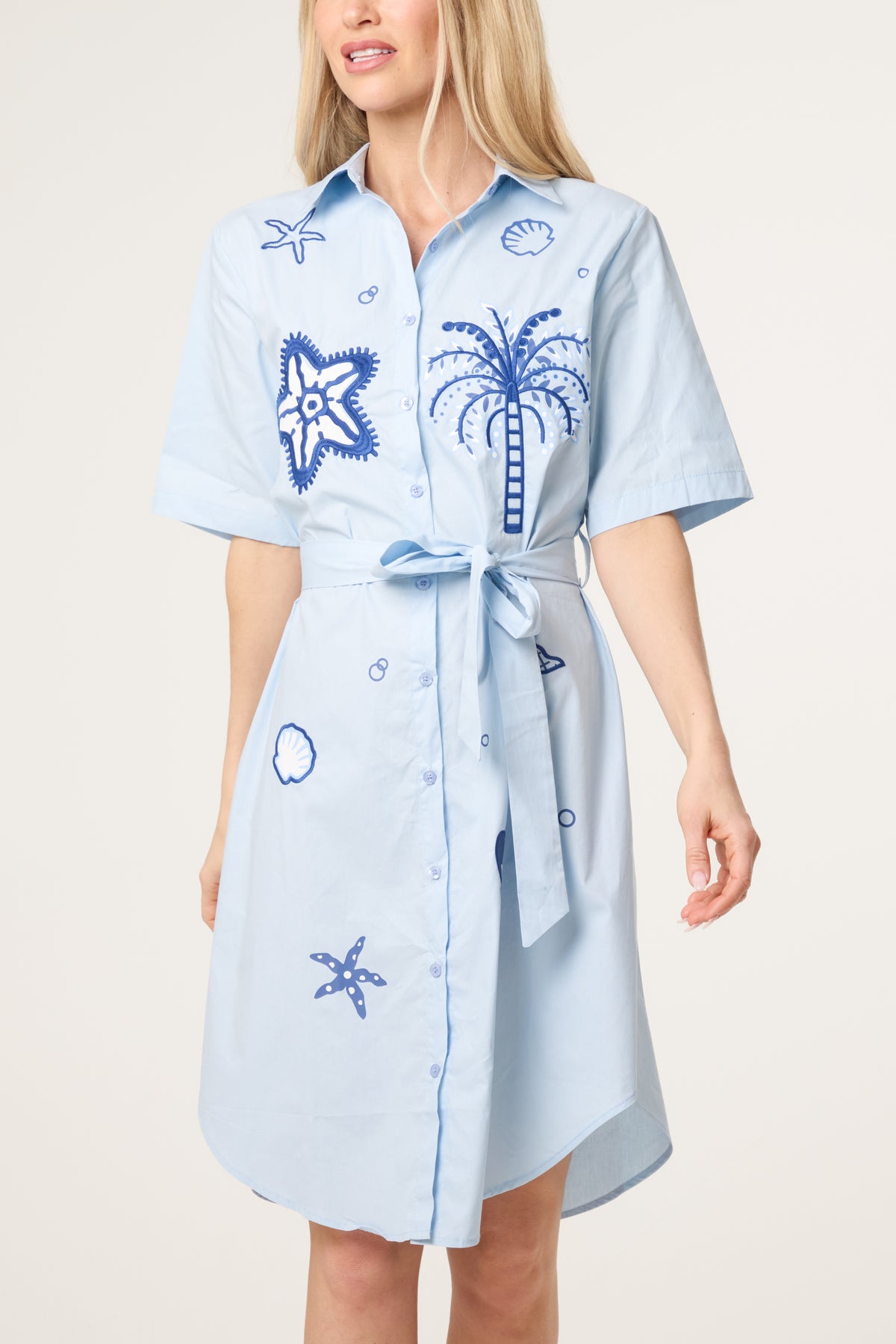 Ocean Embroidery Tie Front Shirt Dress