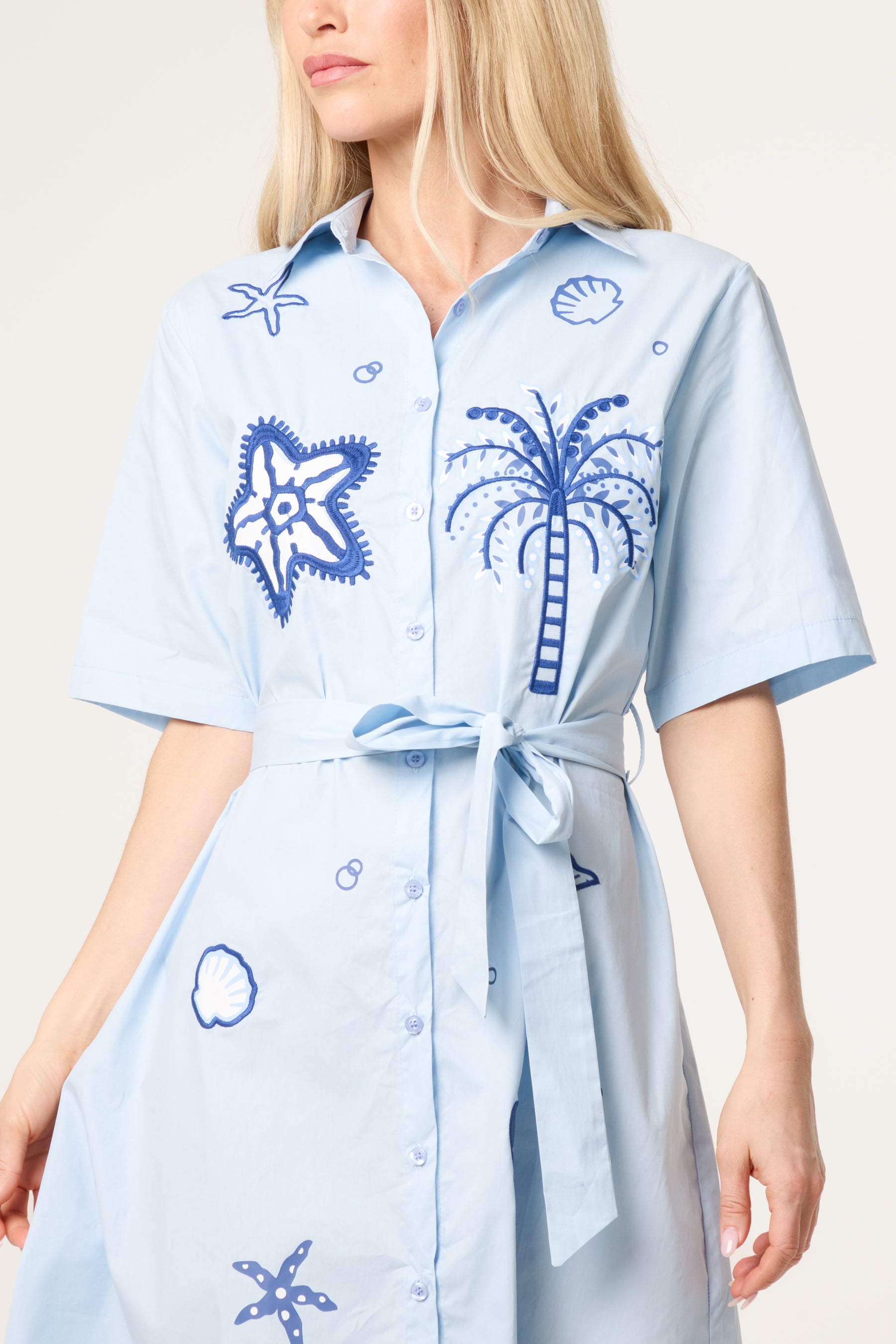 Ocean Embroidery Tie Front Shirt Dress