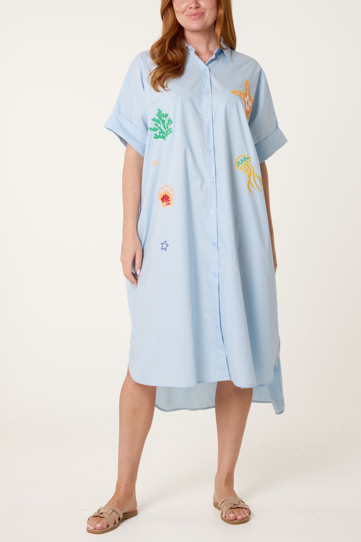 Sea Life Embroidery Front and Back Shirt Dress