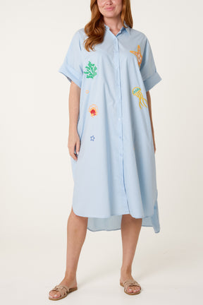 Sea Life Embroidery Front and Back Shirt Dress