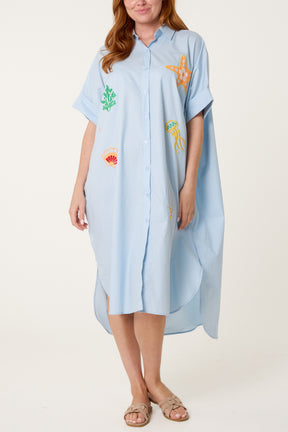 Sea Life Embroidery Front and Back Shirt Dress