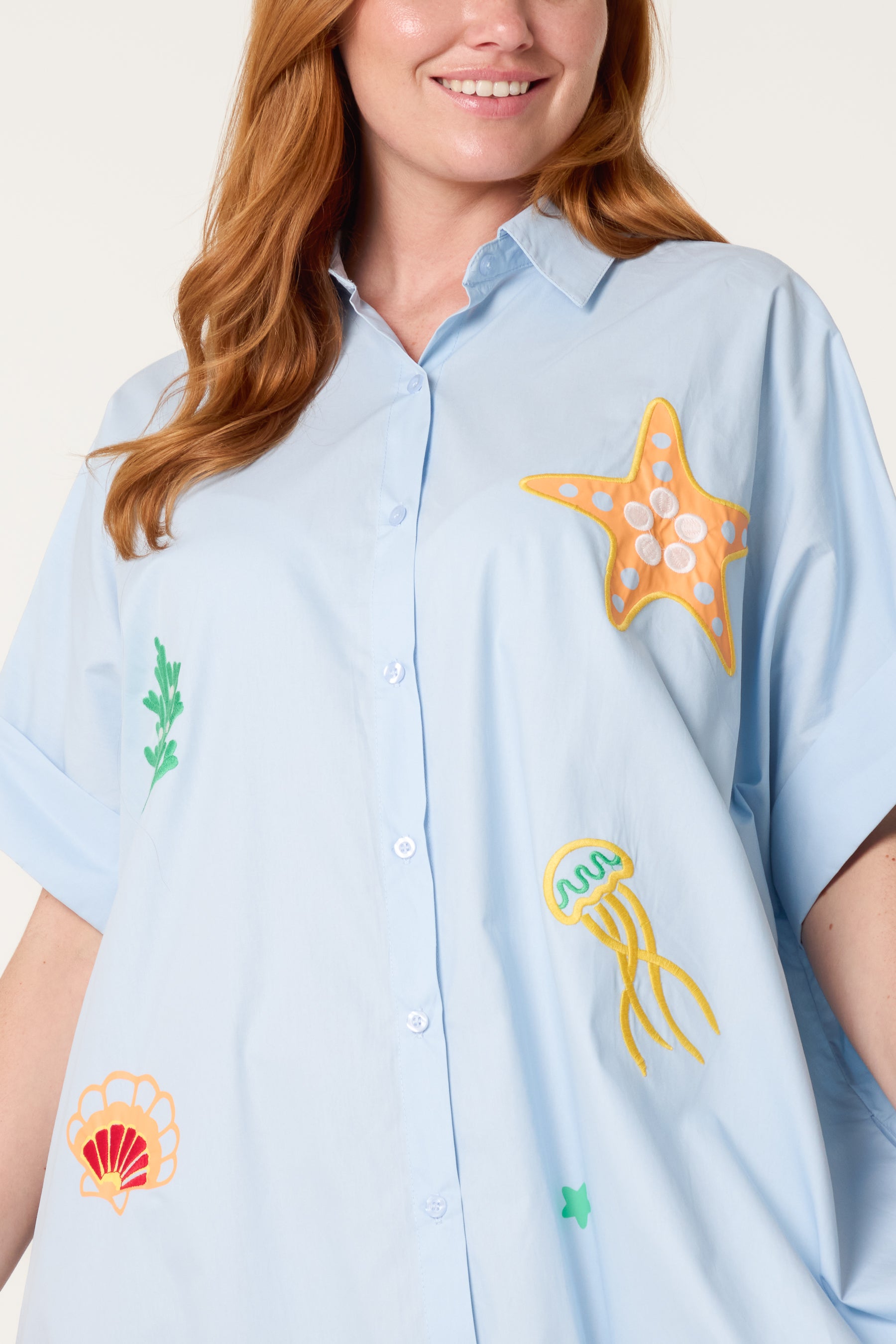 Sea Life Embroidery Front and Back Shirt Dress