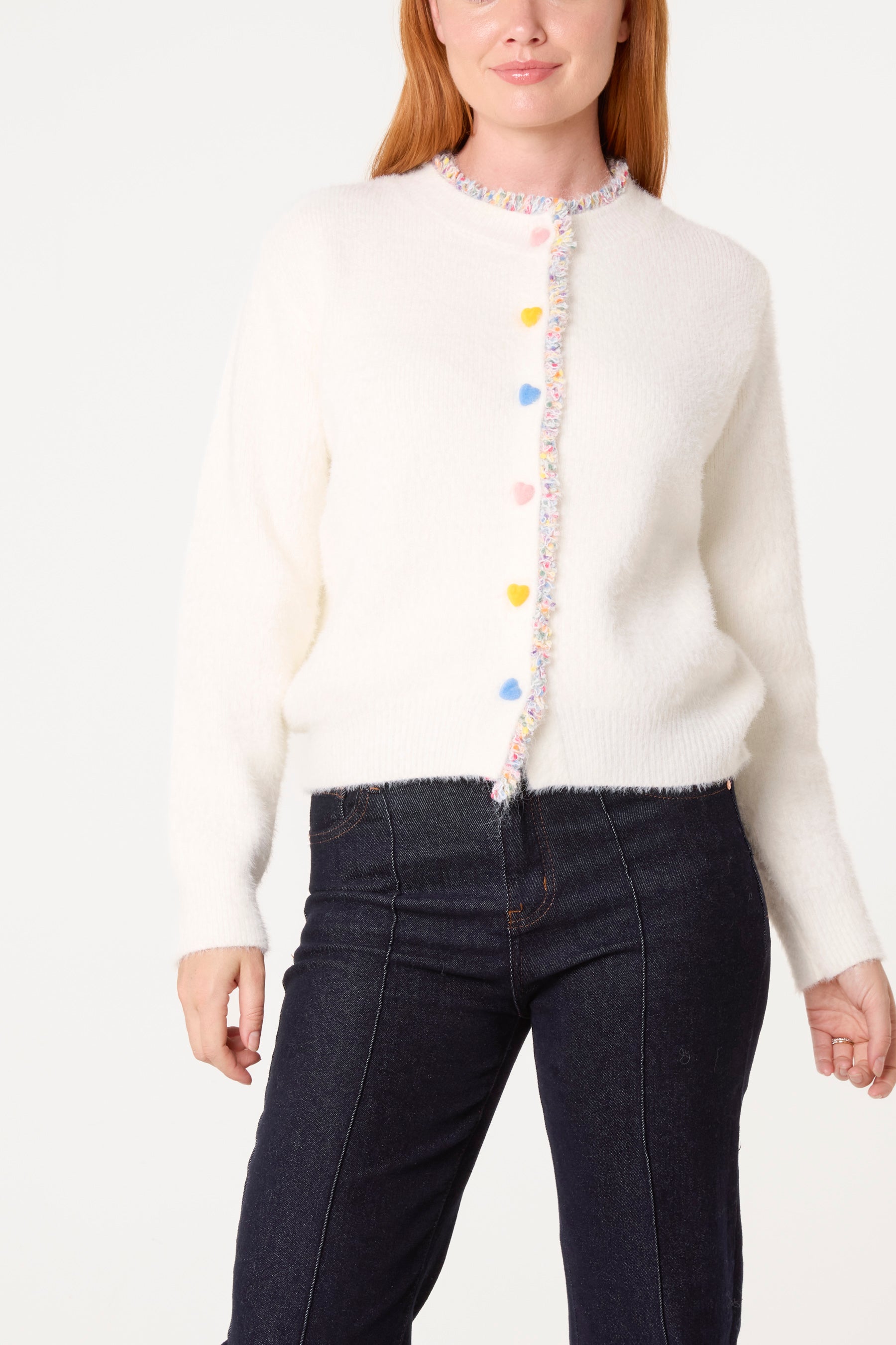 Colourful Hearts Lace Trim Button Through Cardigan