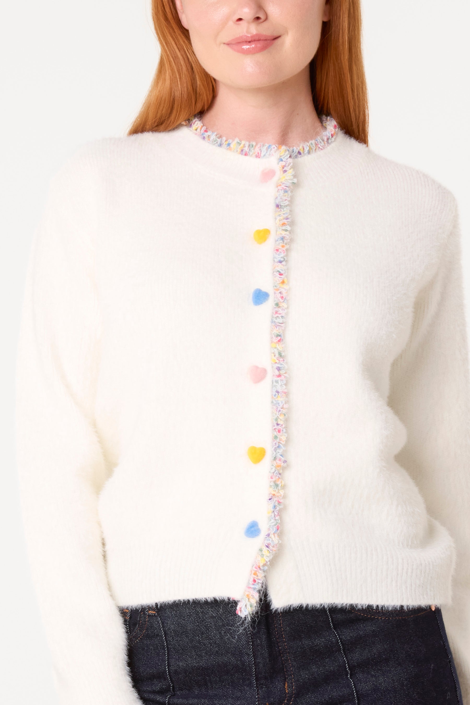 Colourful Hearts Lace Trim Button Through Cardigan