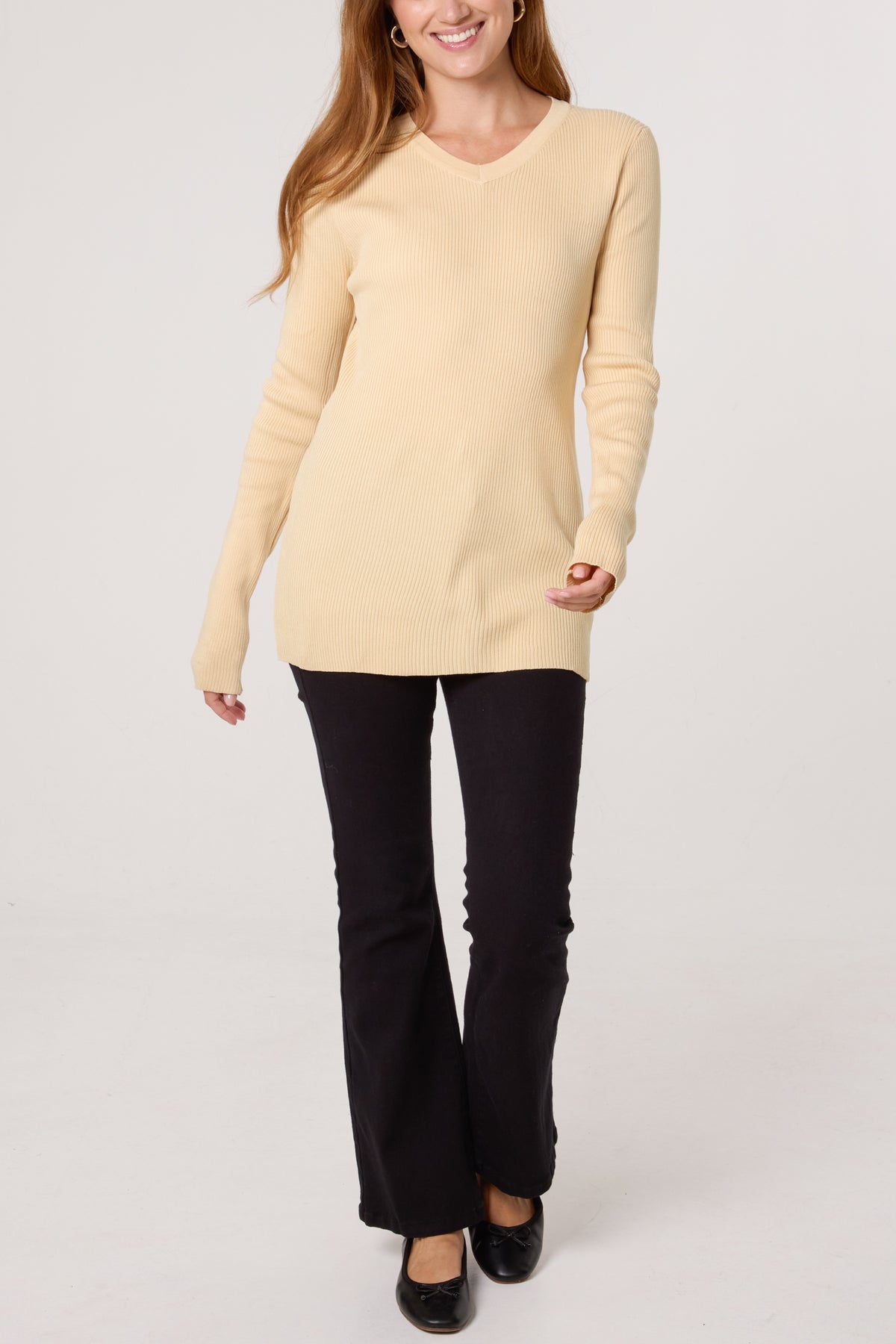 V-Neck Ribbed Long Sleeve Top