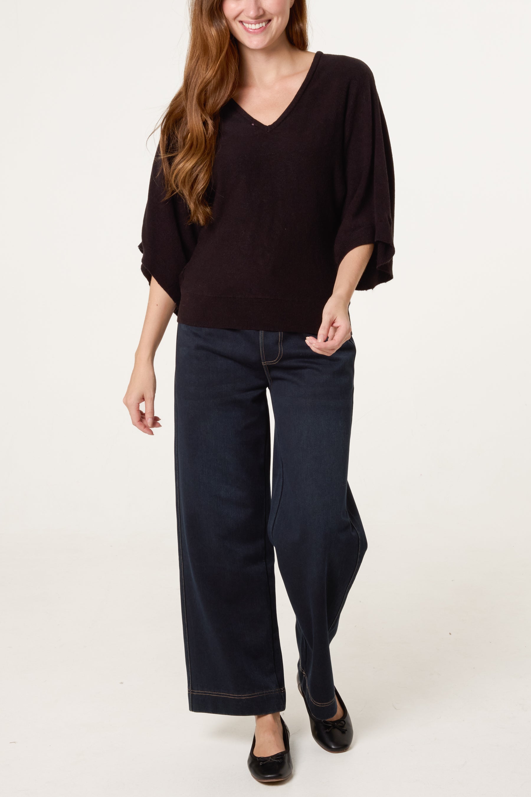 V-Neck Batwing Fine Knit Jumper