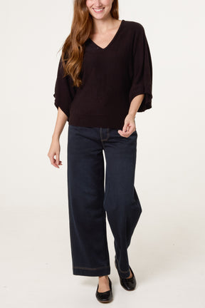 V-Neck Batwing Fine Knit Jumper