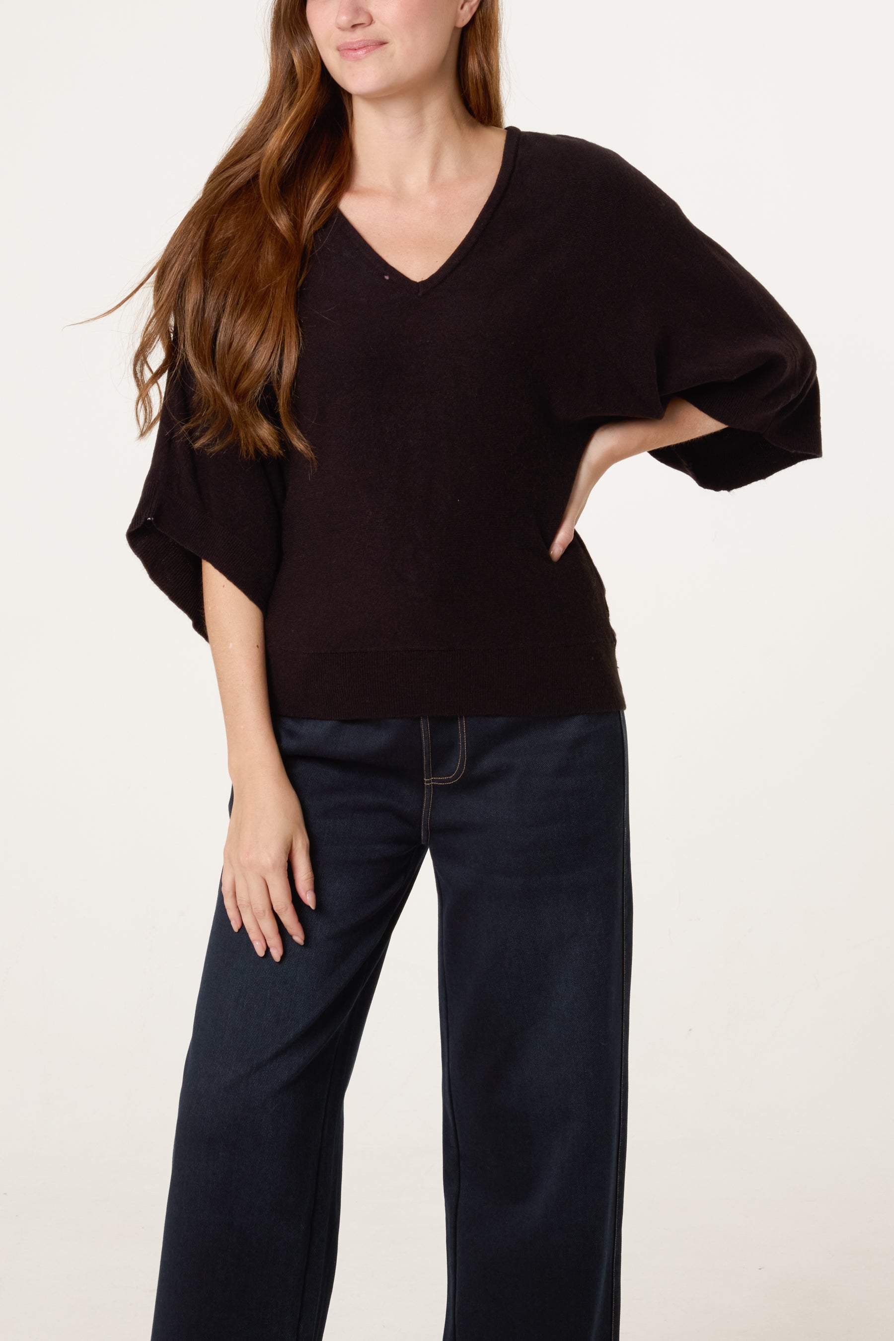 V-Neck Batwing Fine Knit Jumper