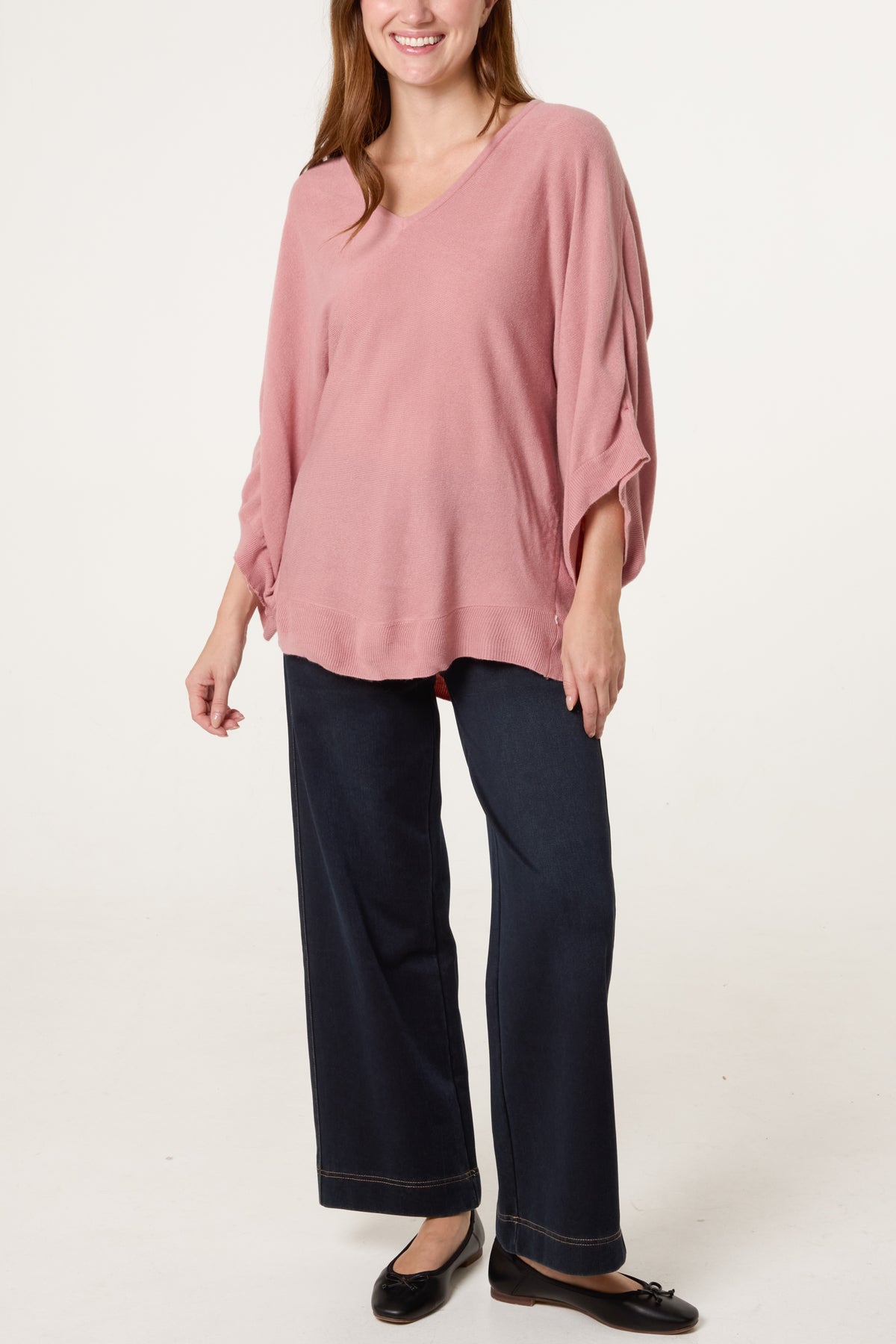 V-Neck Batwing Fine Knit Jumper