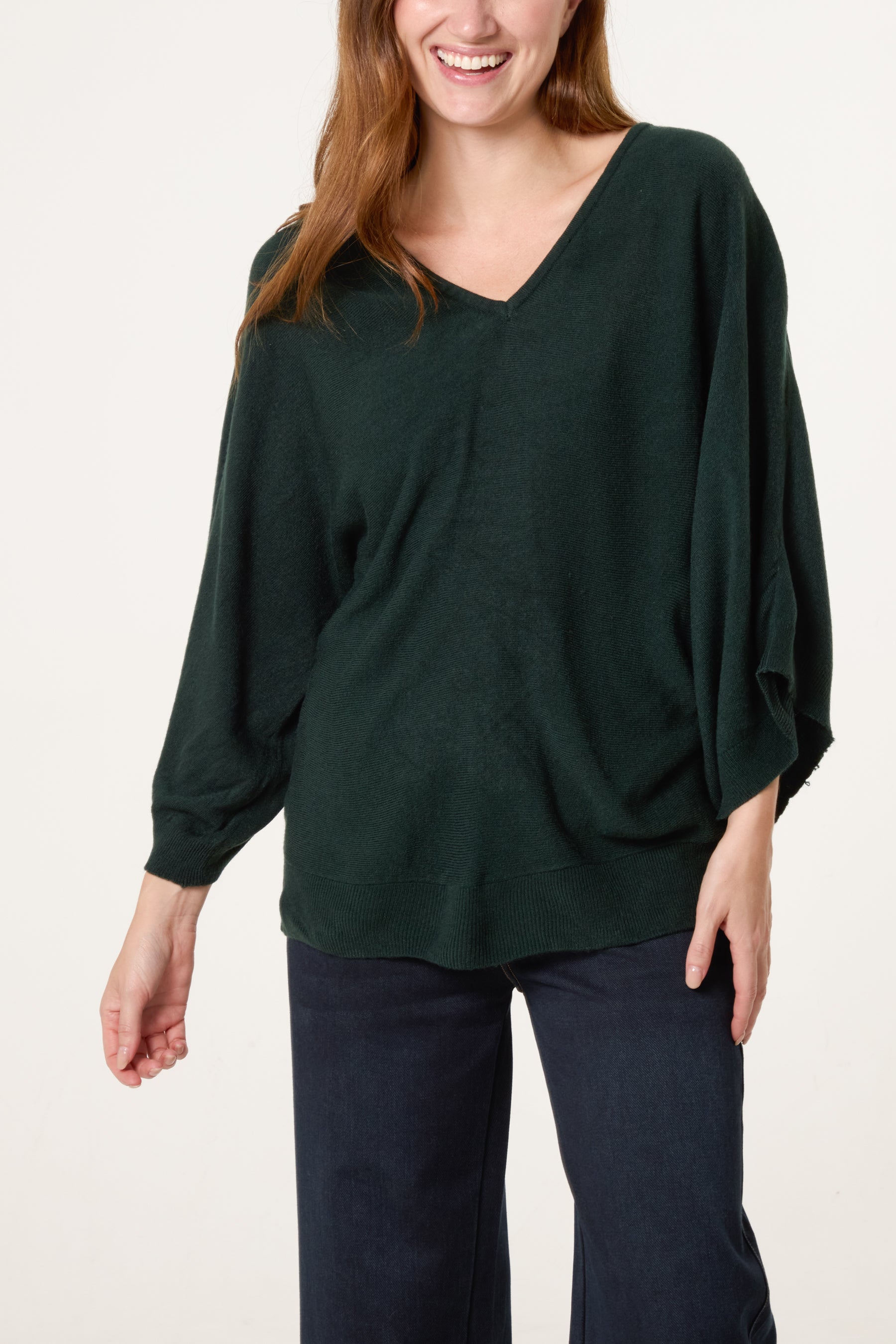 V-Neck Batwing Fine Knit Jumper