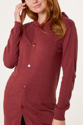Wine Longline Button Hooded Cardigan