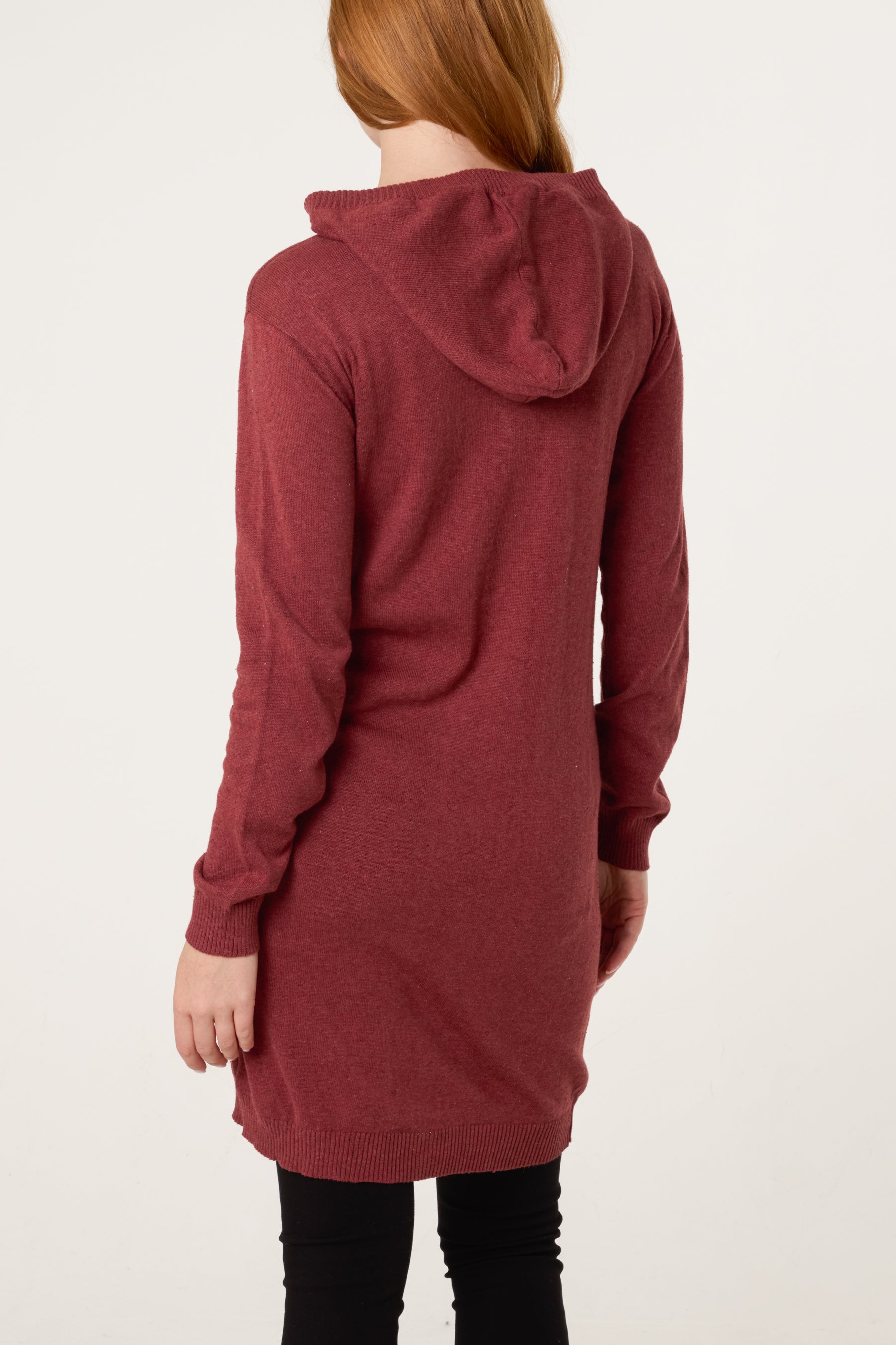 Wine Longline Button Hooded Cardigan