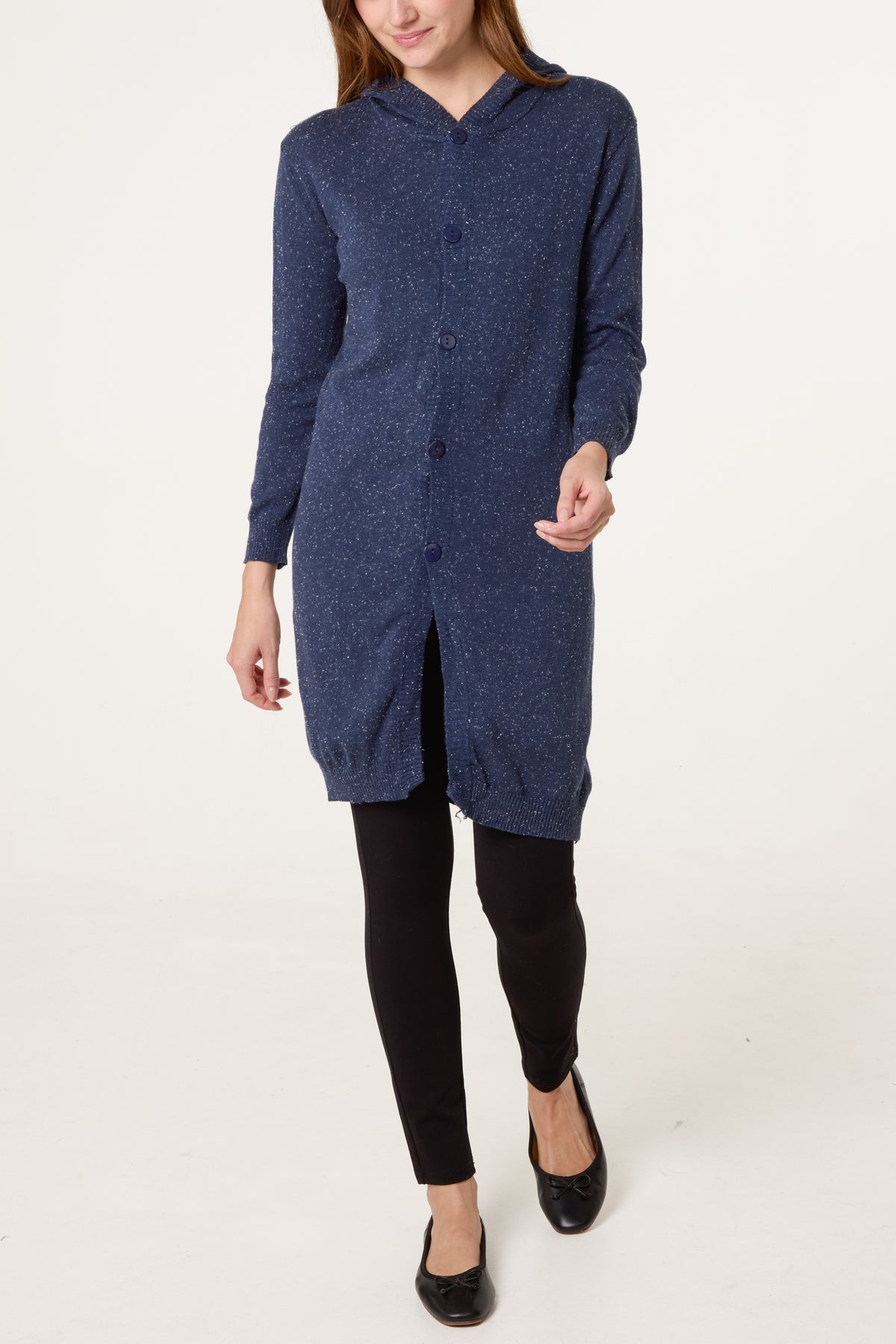 Navy Longline Button Hooded Cardigan
