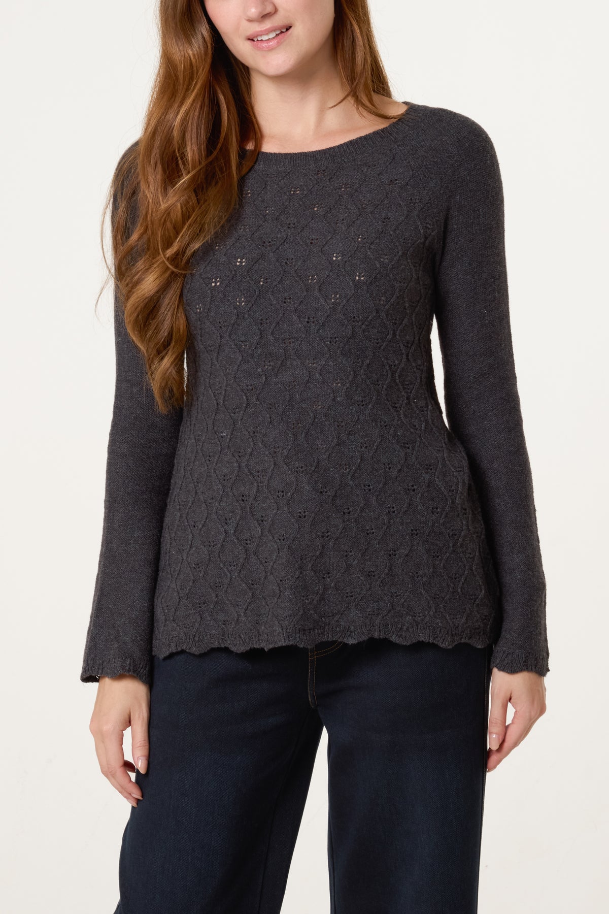 Grey Scallop Edge Patterned Jumper