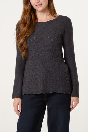 Grey Scallop Edge Patterned Jumper