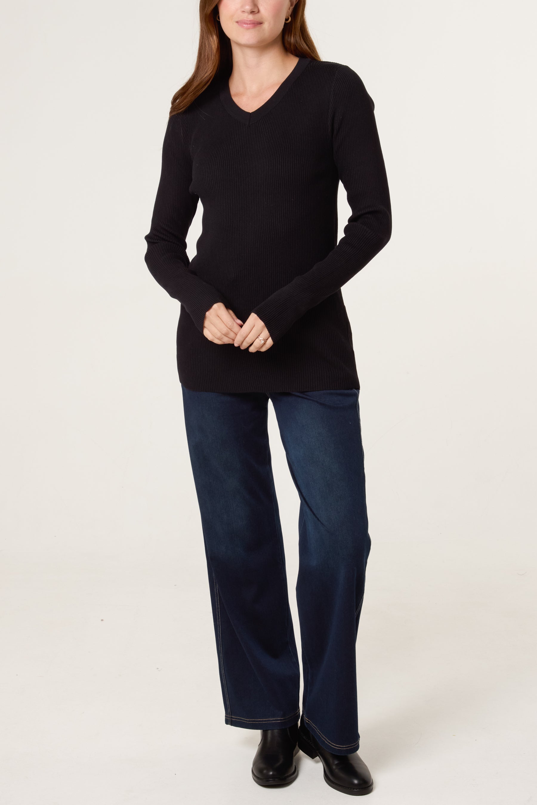 V-Neck Ribbed Long Sleeve Top