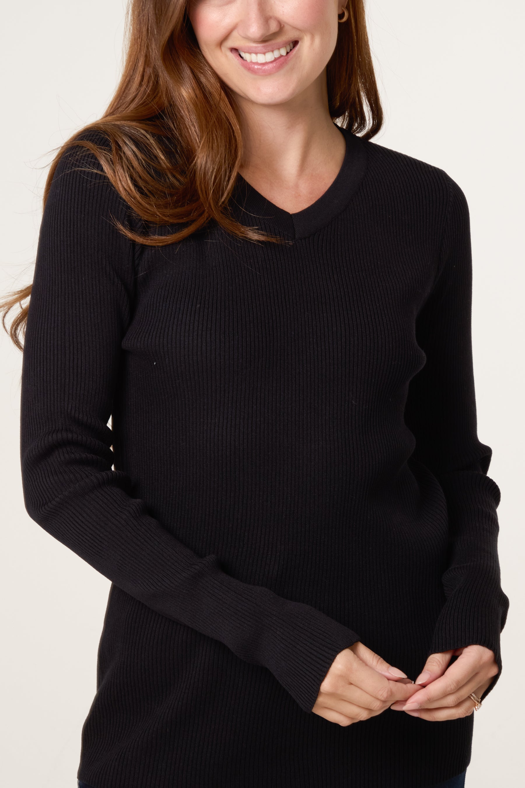 V-Neck Ribbed Long Sleeve Top
