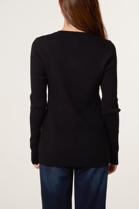 V-Neck Ribbed Long Sleeve Top