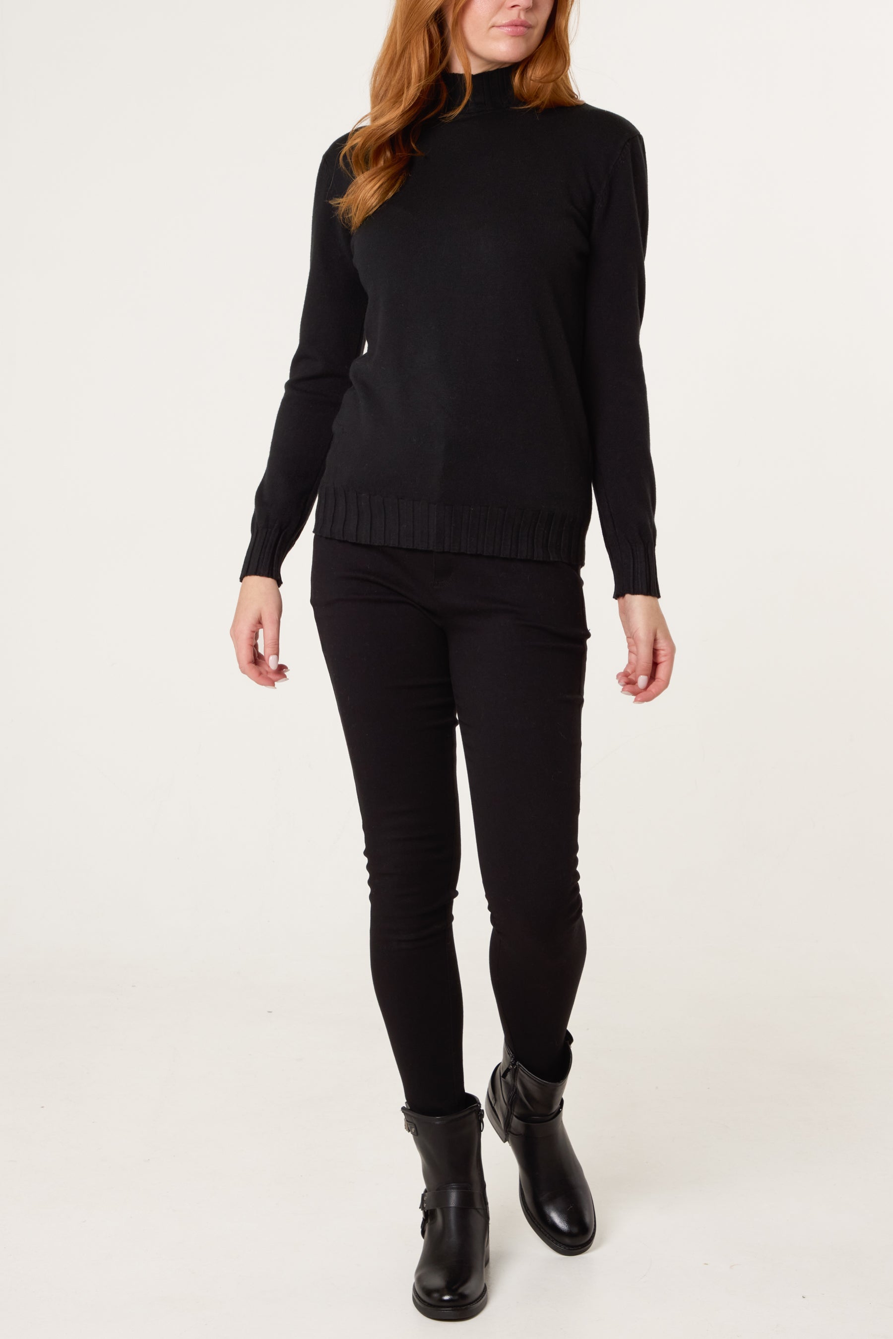Black Ribbed Edge High Neck Jumper