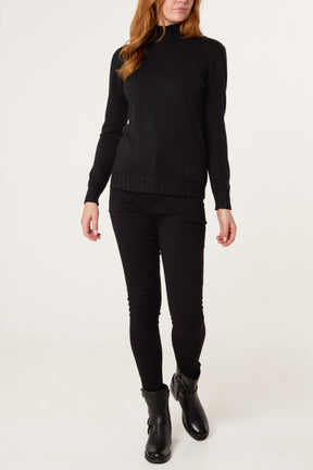 Black Ribbed Edge High Neck Jumper