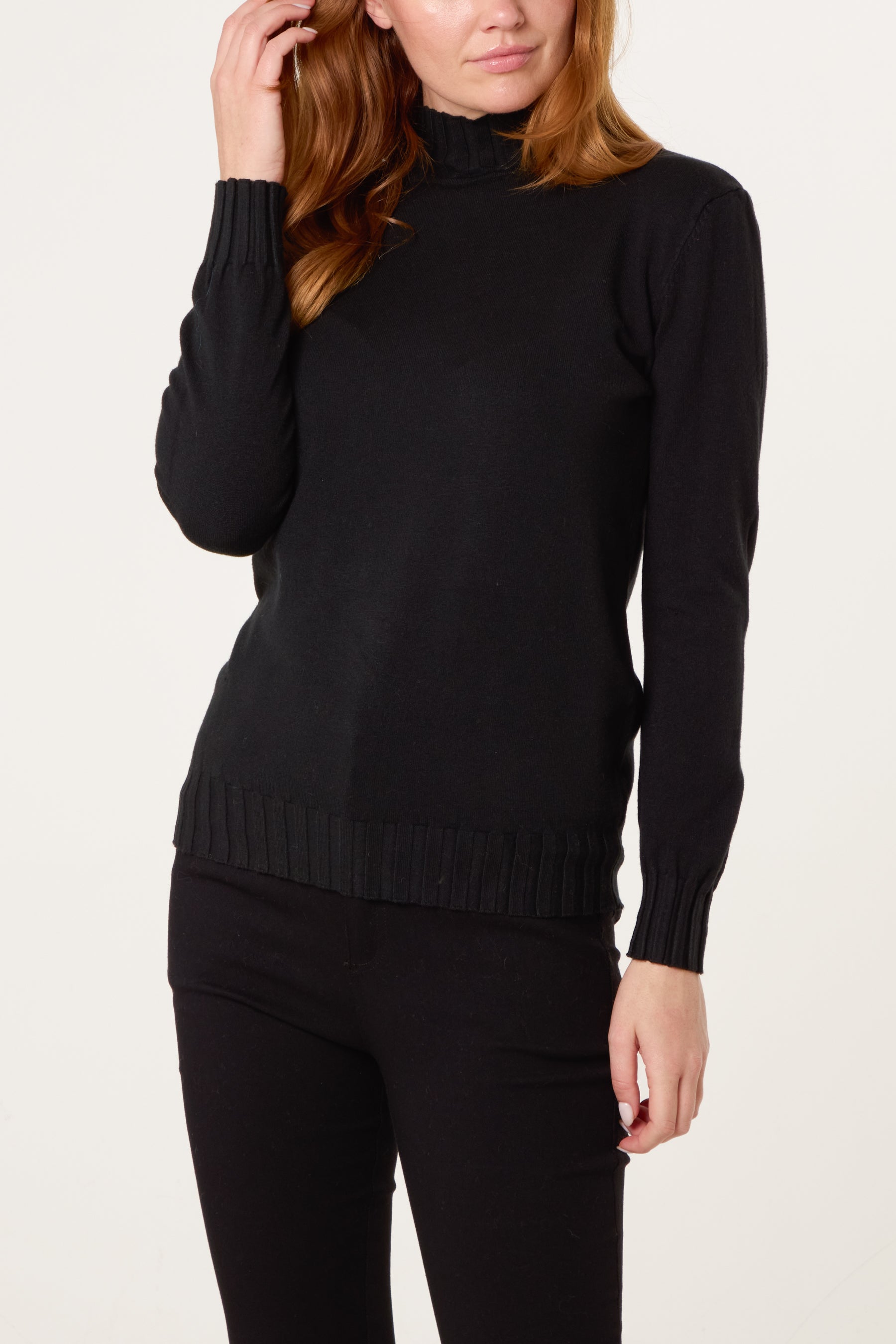 Black Ribbed Edge High Neck Jumper