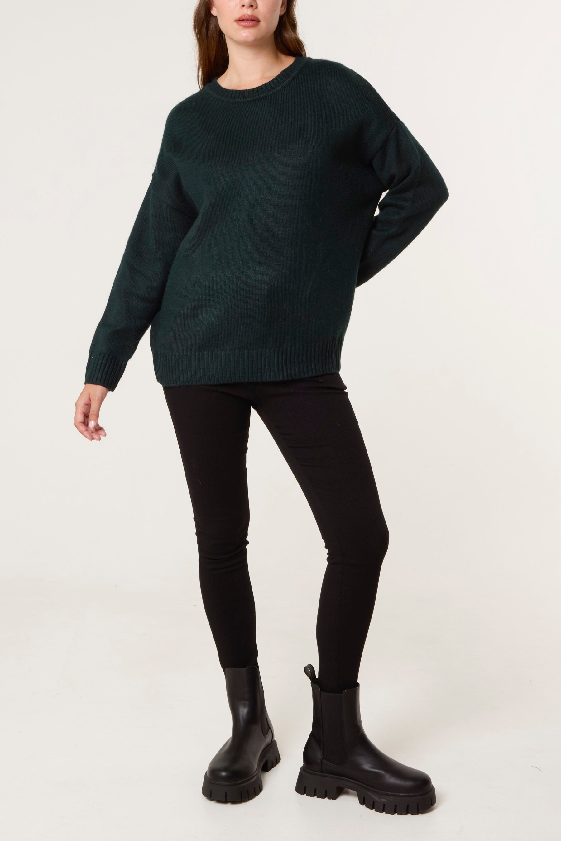 Green Ribbed Edge Round Neck Jumper