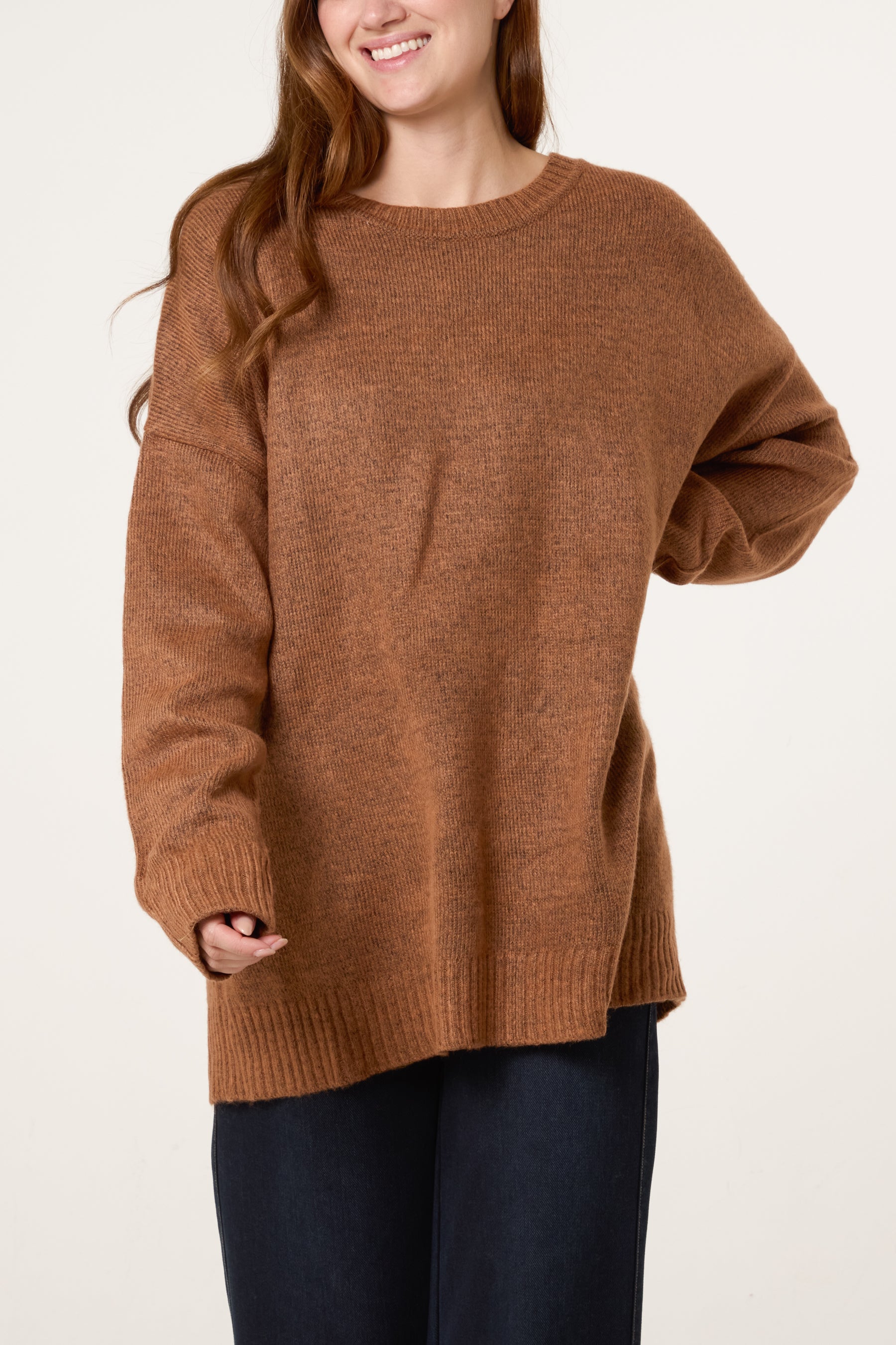 Brown Ribbed Edge Round Neck Jumper