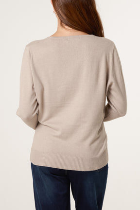 Ribbed Edge V-Neck Jumper