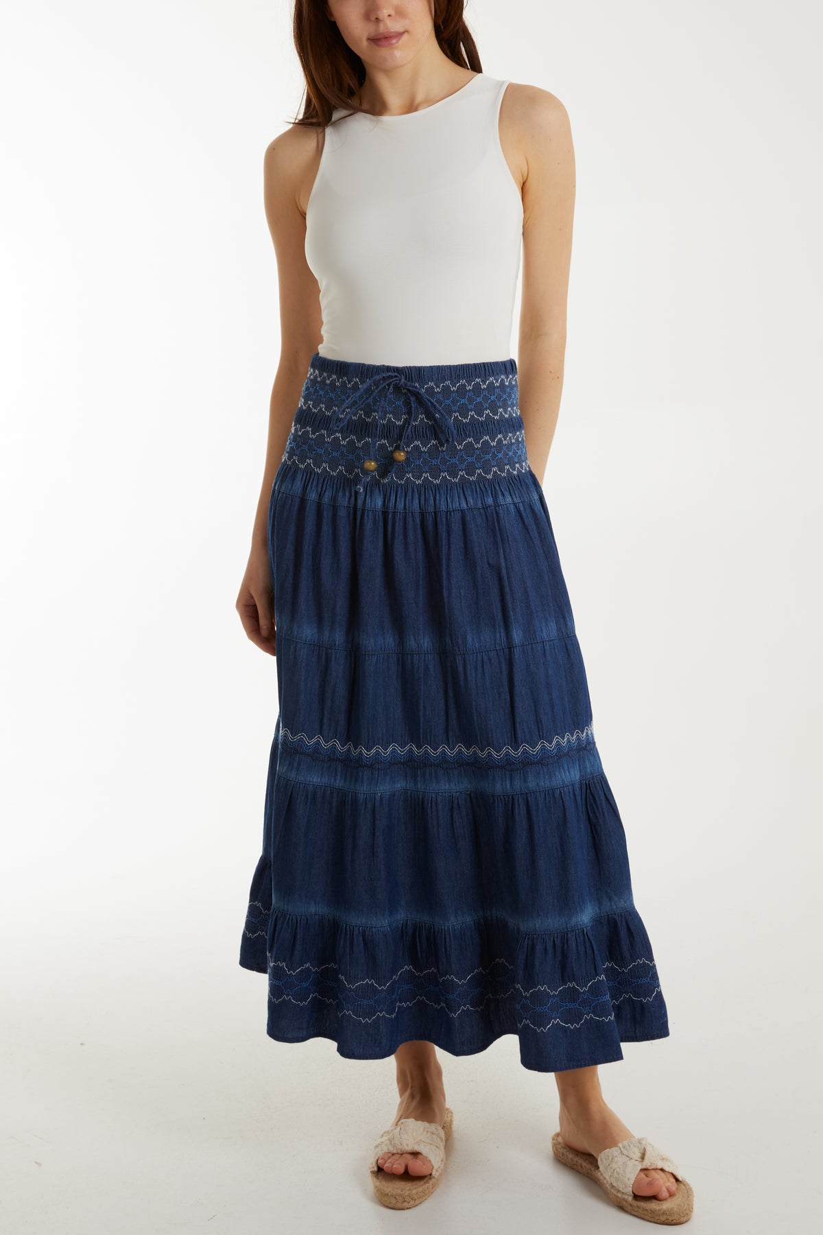 Tiered Embroidery Denim Maxi Skirt