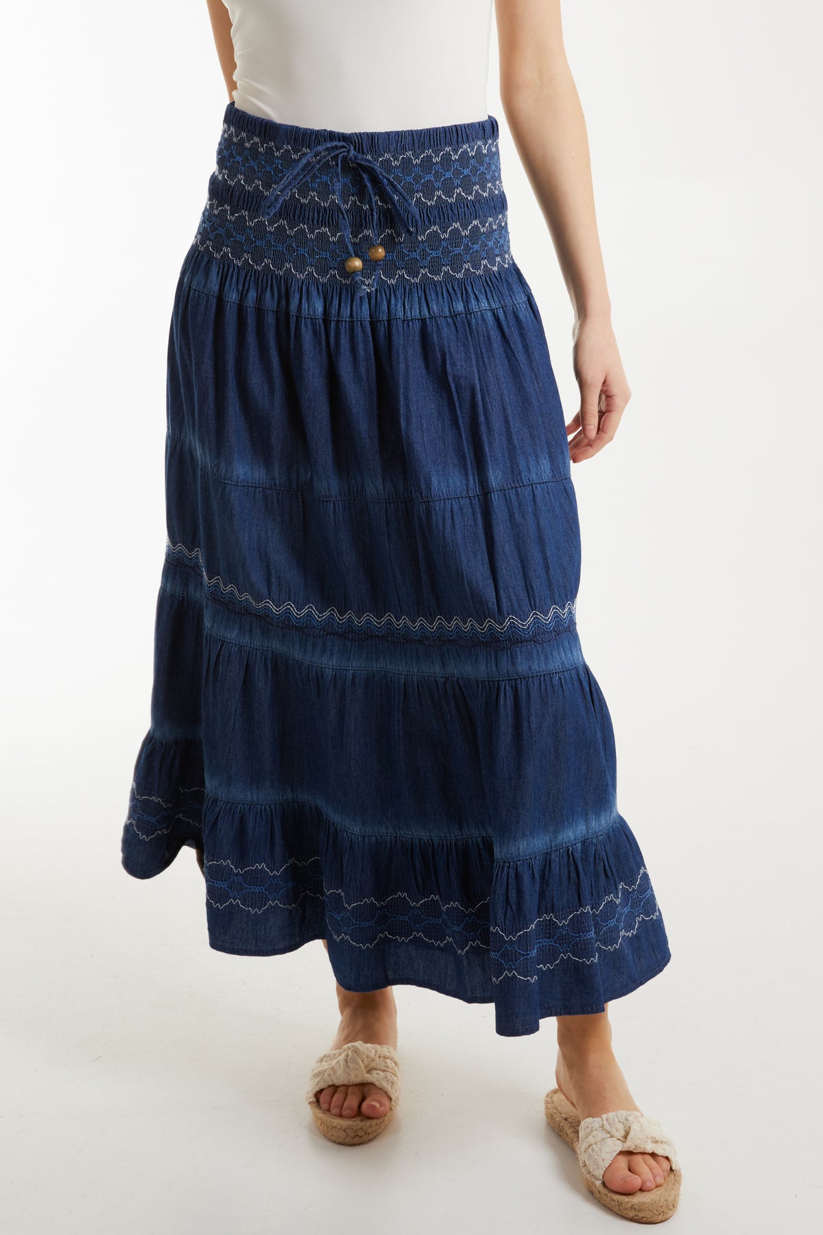 Tiered Embroidery Denim Maxi Skirt