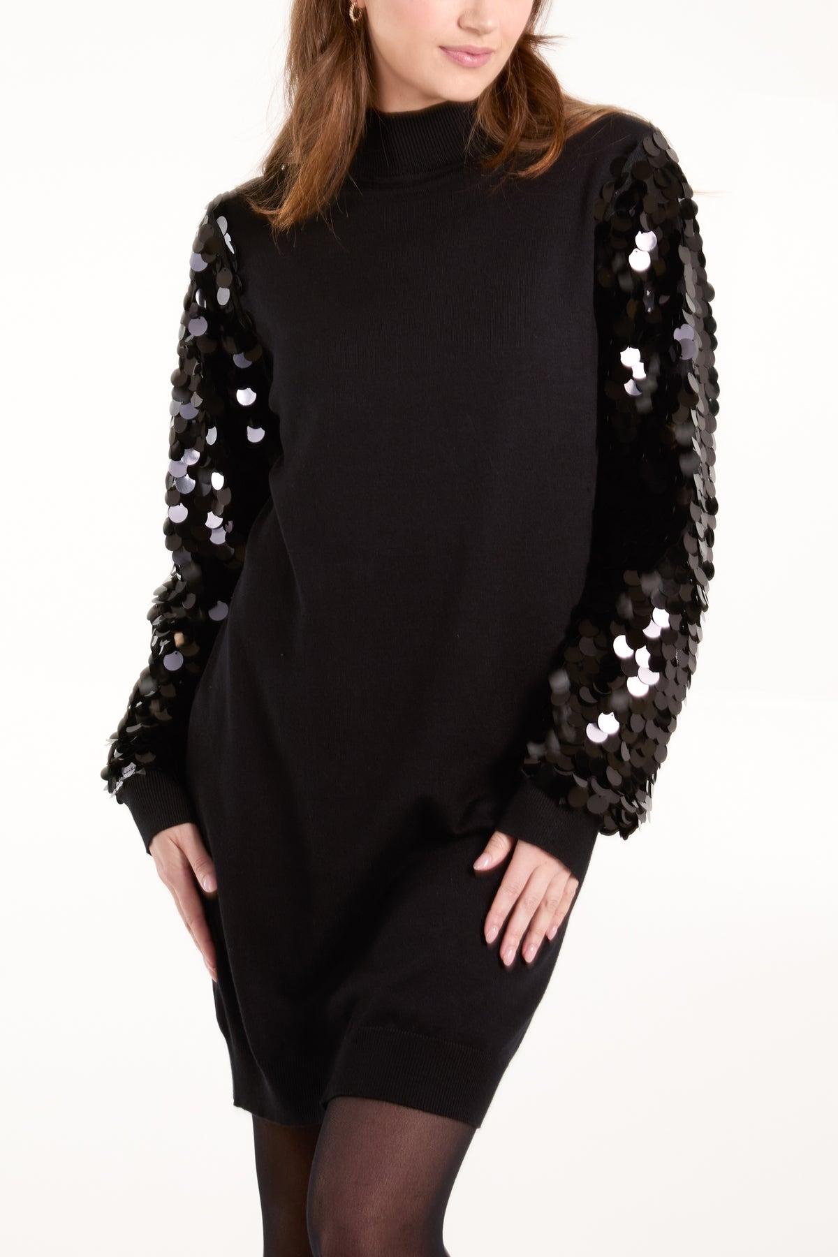 Sequin Sleeve Turtle Neck Jumper Dress