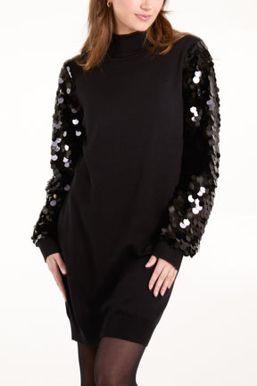 Sequin Sleeve Turtle Neck Jumper Dress