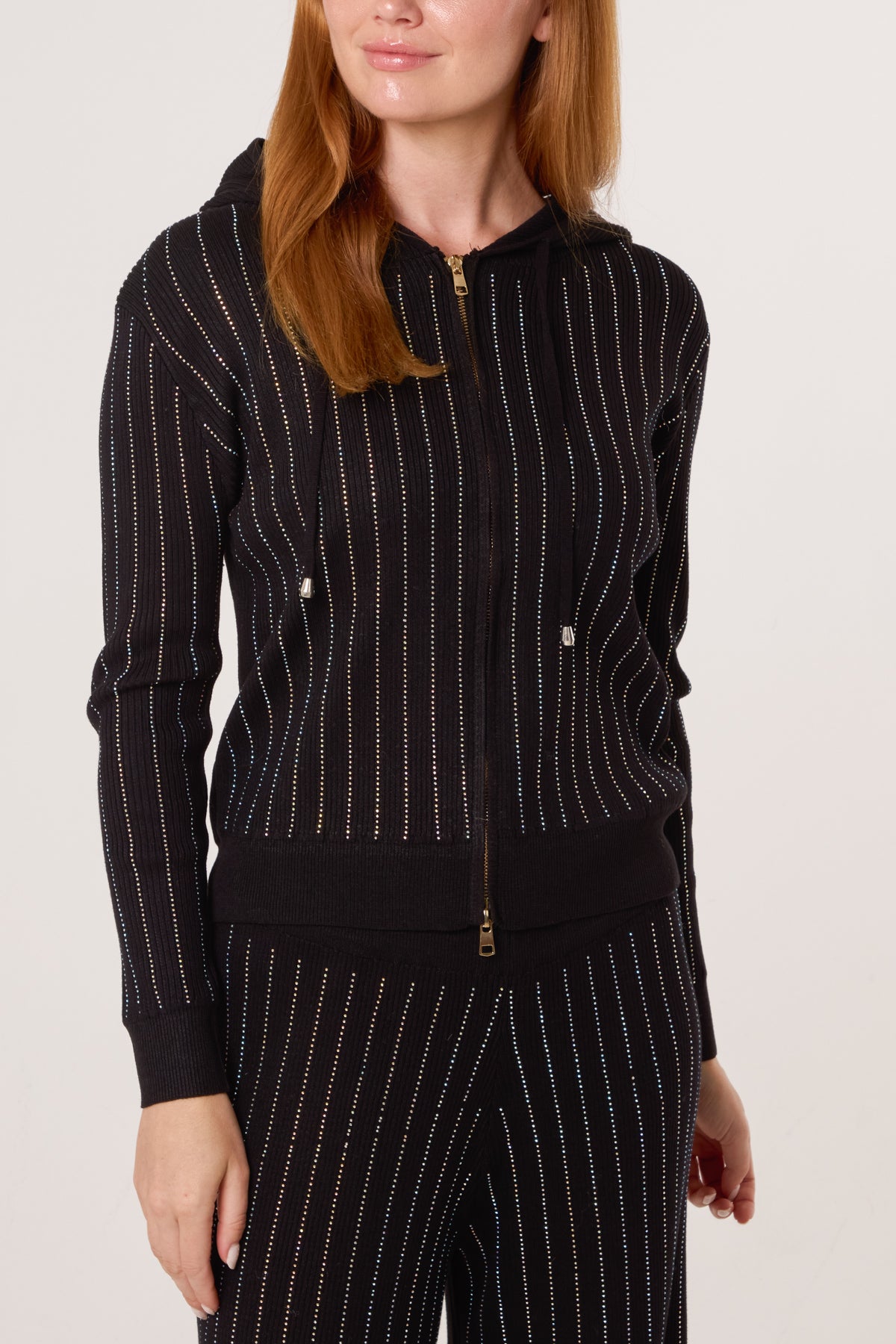 Diamante Striped Zip Hoodie & Trouser Sets