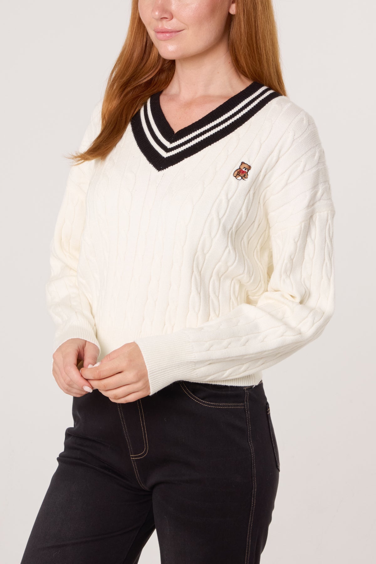 V-Neck Cable Knitted Teddy Jumper