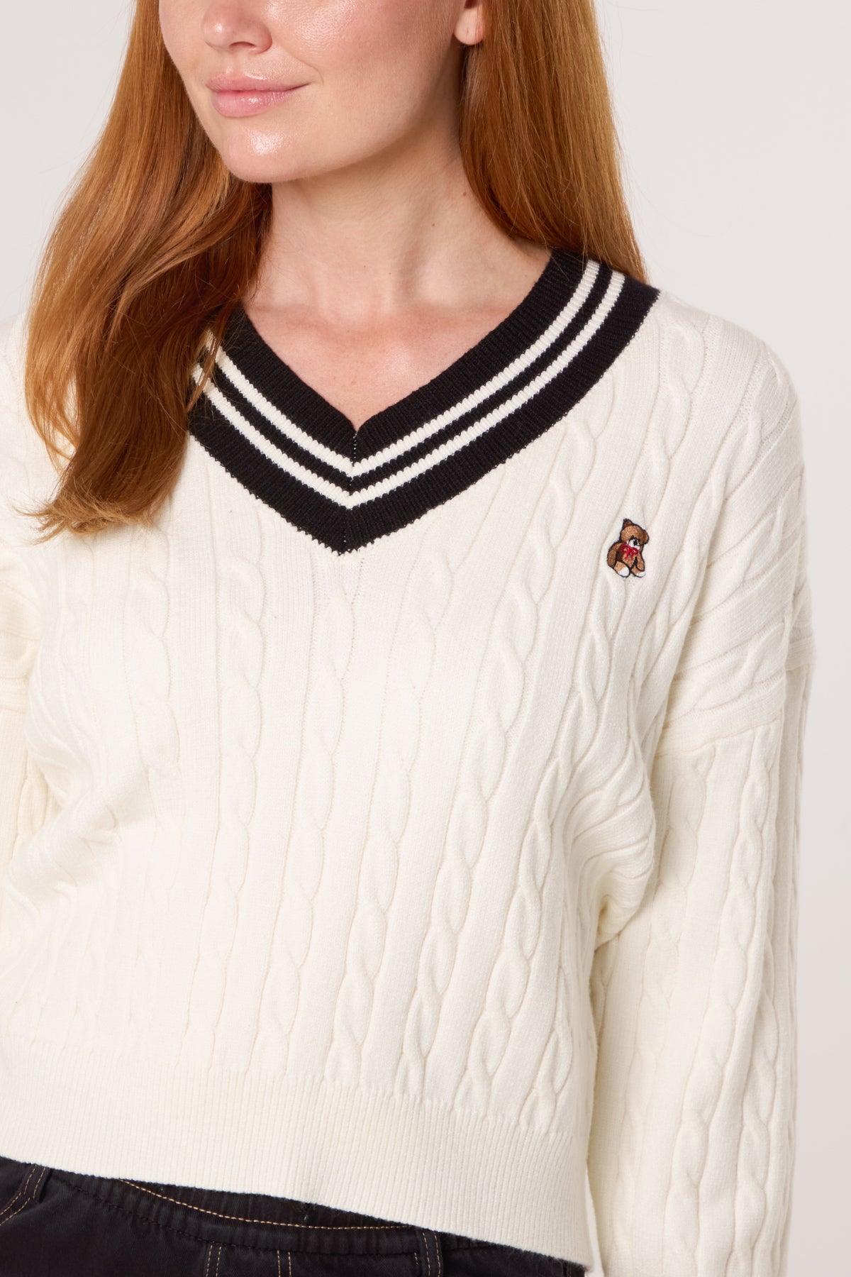V-Neck Cable Knitted Teddy Jumper