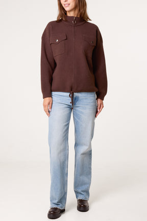 Zip-Up Knit Jacket With Utility Pockets