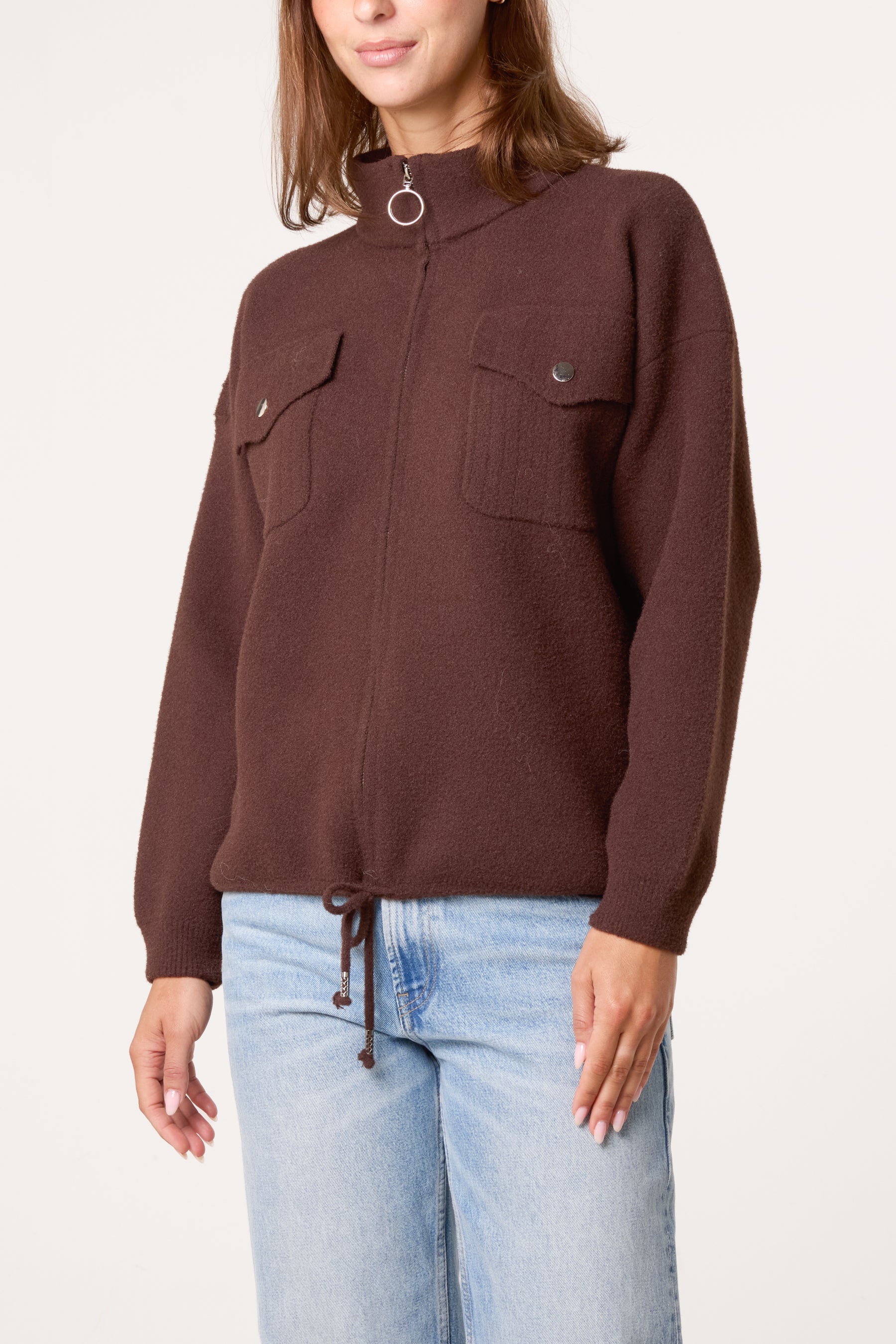 Zip-Up Knit Jacket With Utility Pockets