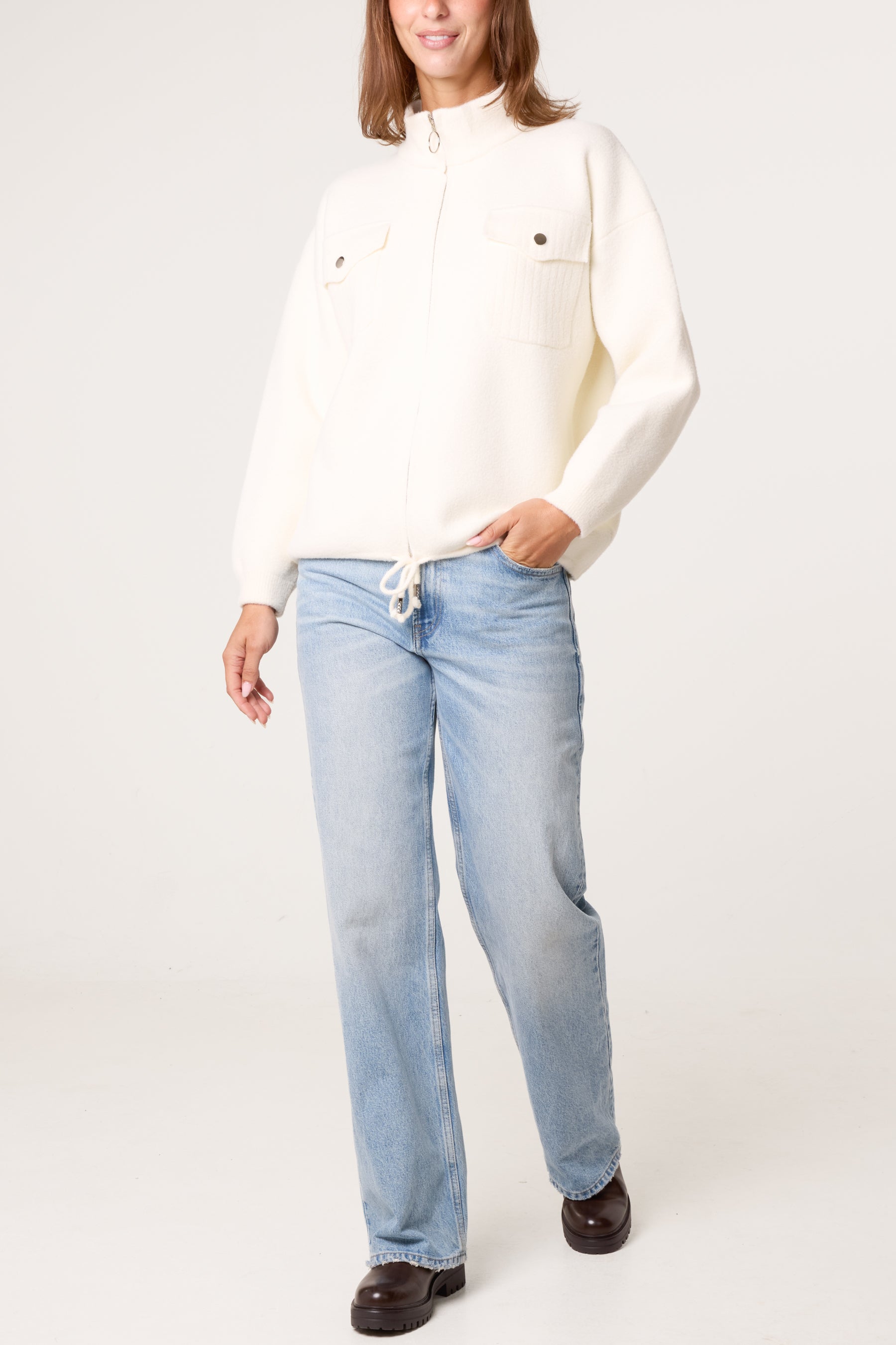 Zip-Up Knit Jacket With Utility Pockets