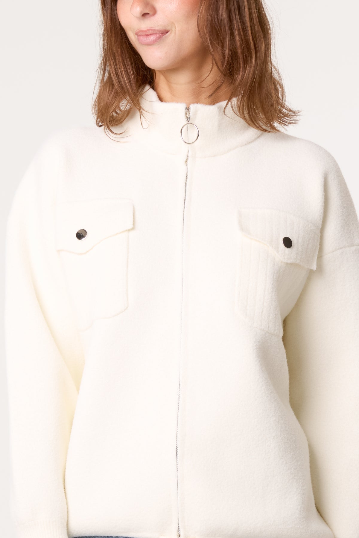 Zip-Up Knit Jacket With Utility Pockets