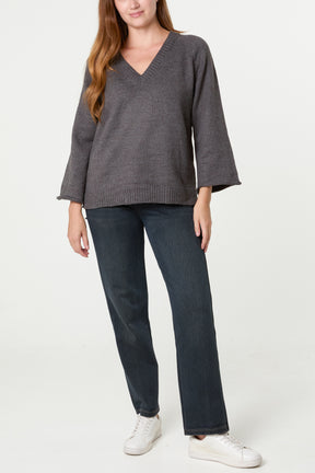 Ribbed V-Neck Knit Jumper