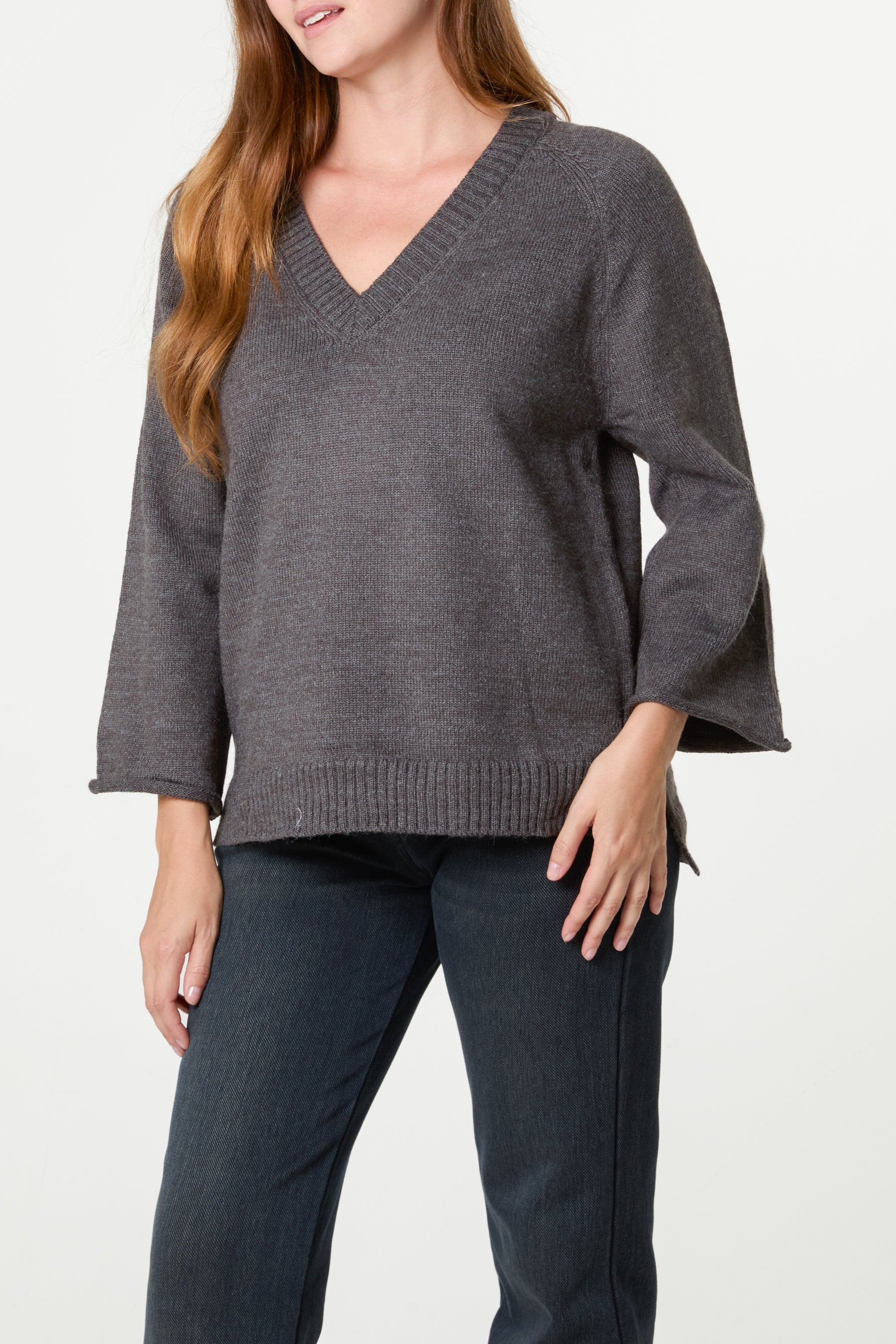 Ribbed V-Neck Knit Jumper