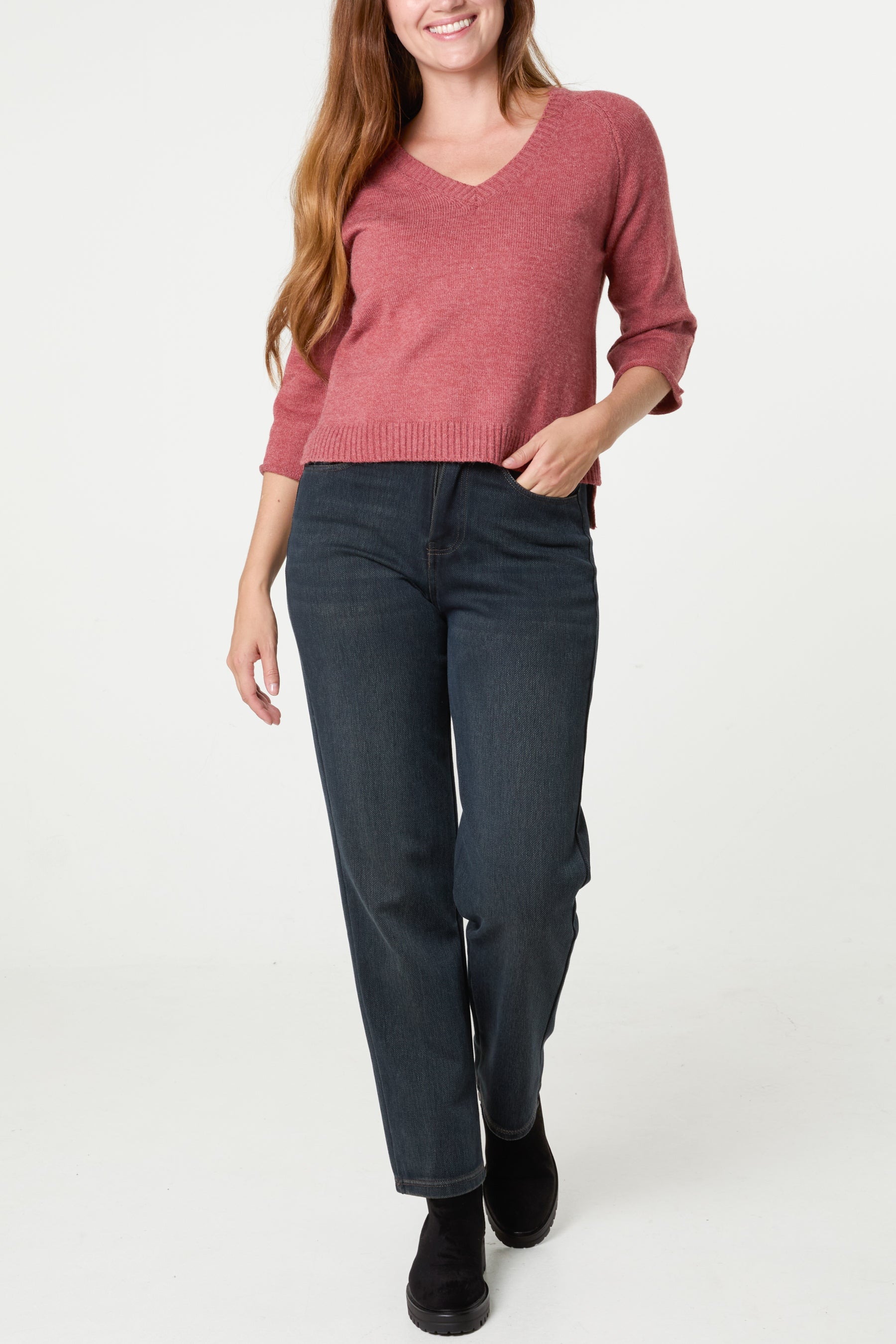 Ribbed V-Neck Knit Jumper