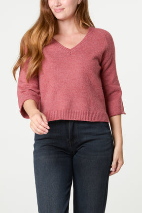 Ribbed V-Neck Knit Jumper