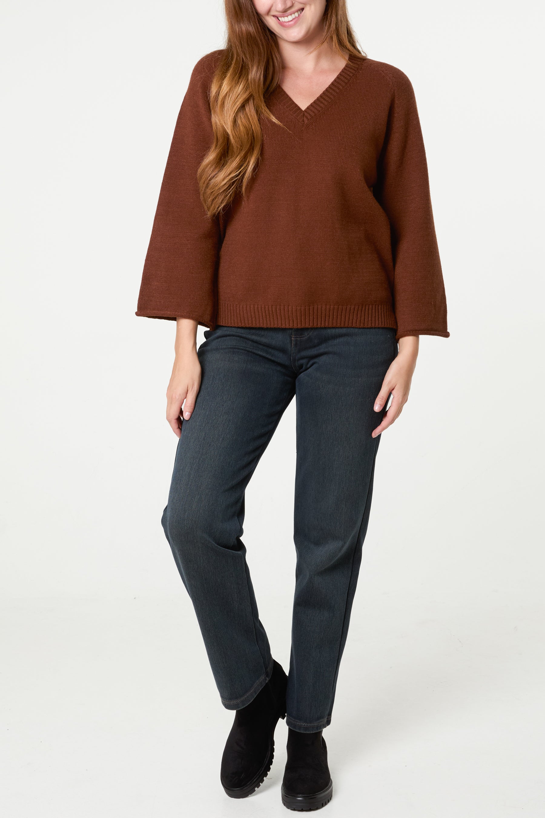 Ribbed V-Neck Knit Jumper