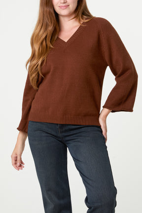 Ribbed V-Neck Knit Jumper