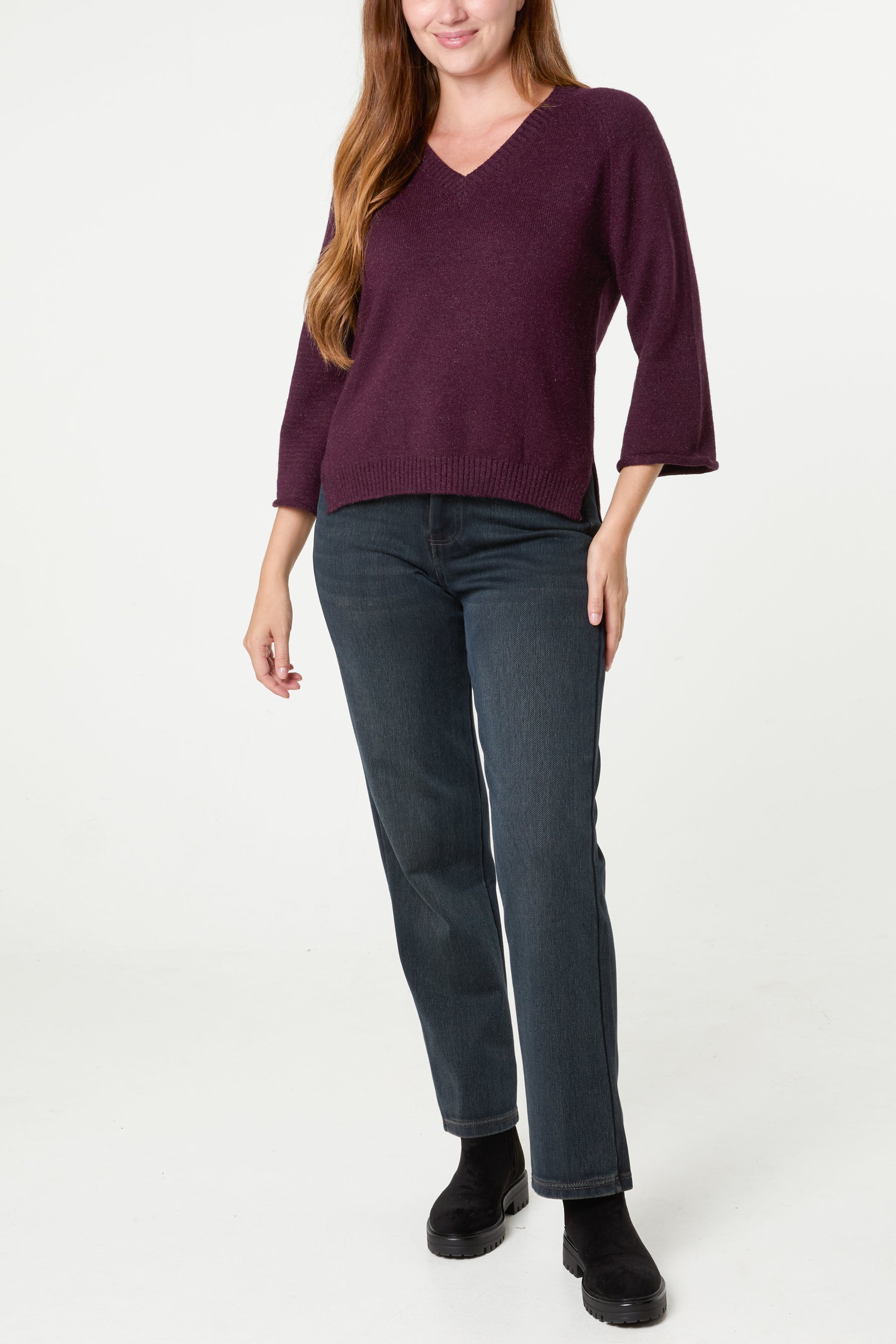 Ribbed V-Neck Knit Jumper